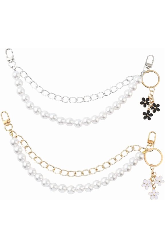 2Pcs 12 Inch Pearl Bag Chains Purse Extender Chain Set Flower Keychains Gold Silver Imitation Plastic Pearls Strap Replacement Extenders for Handbags Crafts DIY Supplies Wedding Party Women