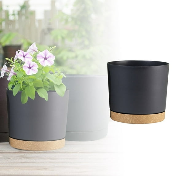 2Pcs 12" Plastic Flower Pots With Drainage Holes And Tray Thickened Round Planter For Indoor Outdoor Plants-Black