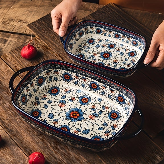 2Pcs 13 Inch Rectangular Bohemian Porcelain Baking Dishes, Durable Stylish Bakeware, Decorative Cookware, Perfect for Daily Baking and Mother's Day Gift