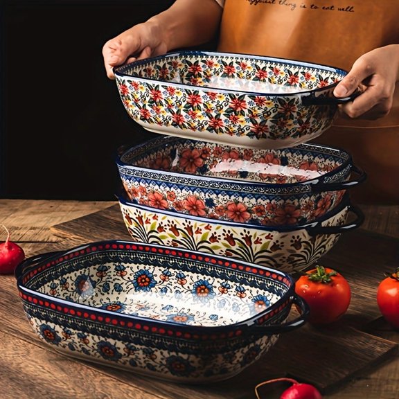 2Pcs 13 Inch Rectangular Bohemian Porcelain Baking Dishes, Durable Stylish Bakeware, Decorative Cookware, Perfect for Daily Baking and Mother's Day Gift