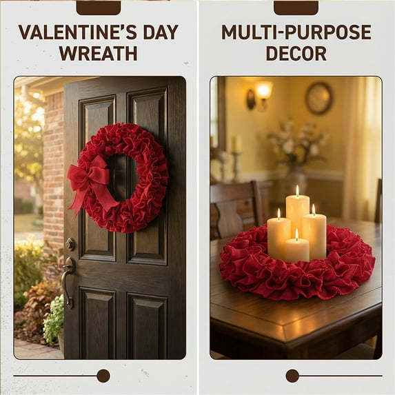 2Pcs 14.9Inch Valentines Red Burlap Circular Shaped Ribbon Wreath for Front Door Wall Window Party Valentine's Day Wedding Anniversary Decor