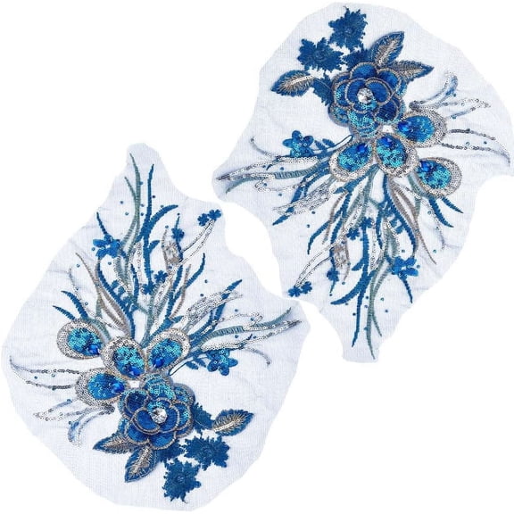 2Pcs 14 Inch 3D Flower Embroidery Lace Applique Sequins Embroidered Trim Appliques Floral Sewing Patches Rhinestones Fabric Craft Decoration