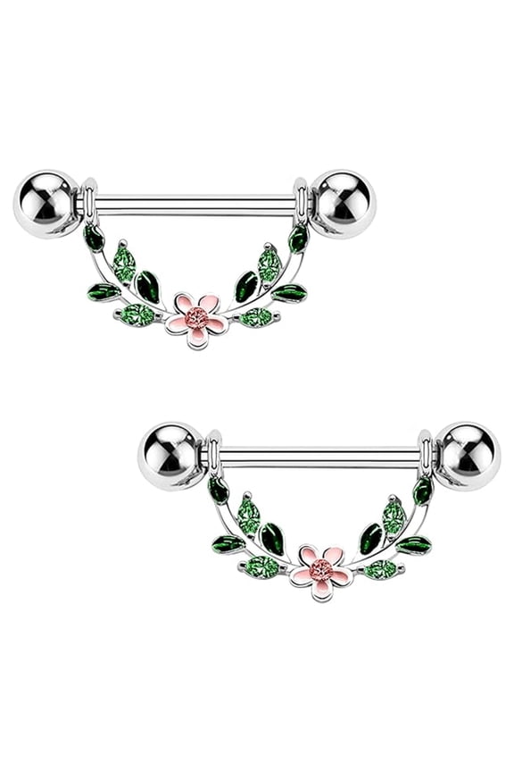2Pcs 14G 316L Stainless Steel Nipple Rings for Women – Flower & Leaf Design Nipple Piercing Jewelry
