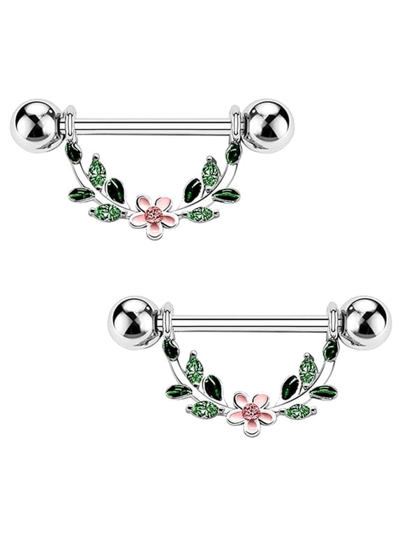 2Pcs 14G 316L Stainless Steel Nipple Rings for Women Flower & Leaf Design Nipple Piercing Jewelry