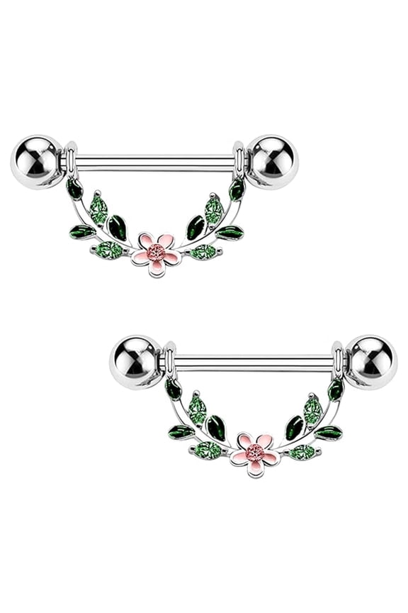 2Pcs 14G 316L Stainless Steel Nipple Rings for Women Flower & Leaf Design Nipple Piercing Jewelry