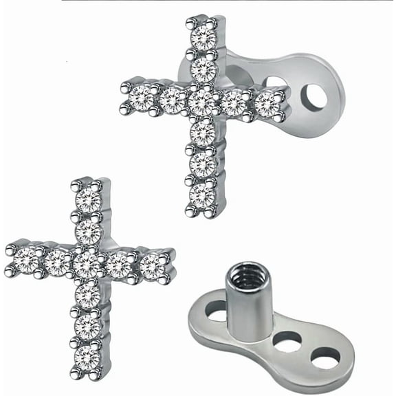 2Pcs 14G Cross Dermal Anchor Tops and Base Stainless Steel Cubic Zirconia Internally Threaded Microdermals Body Piercings Studs Dermal Piercings Surface Skin Piercing Body Jewelry for Women Men