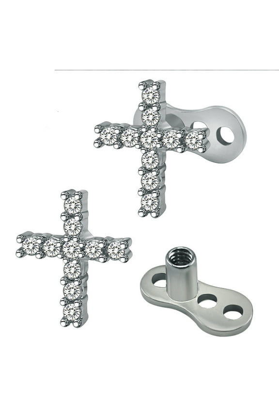 2Pcs 14G Cross Dermal Anchor Tops and Base Surgical Steel Cubic Zirconia Internally Threaded Microdermals Body Piercings Studs for Women Men