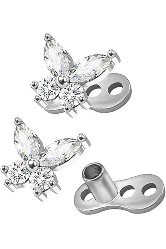 2Pcs 14G Dermal Anchor Tops 316L Surgical Steel Dainty Butterfly Microdermals Body Piercings Studs Jewelry for Women Men