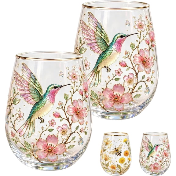 2Pcs 14oz Embossed Hummingbird Floral Clear Glass Mugs with Gold Rim, Decorative Tea Coffee Cups for Hot Cold Drinks, Household Daily & Gift Use