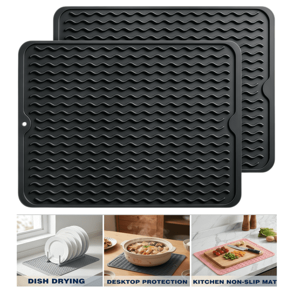 2Pcs 15*11.5in Black Silicone Dish Drying Mat for Kitchen Counter Heat Resistant Under Sink Waterproof Coffee Bar Accessories Dining Rack Stone Utensil Holder Countertop Decor Must Haves