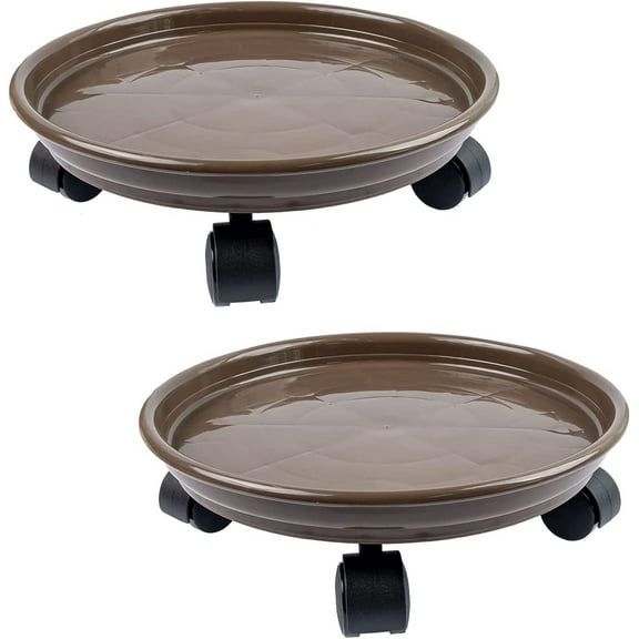 2Pcs 15.5 inch brown Plant Caddy with Universal Wheels, Round Movable Planter Dolly Trolley Tray Pallet Outdoor Indoor Tree Flower Stand Planter