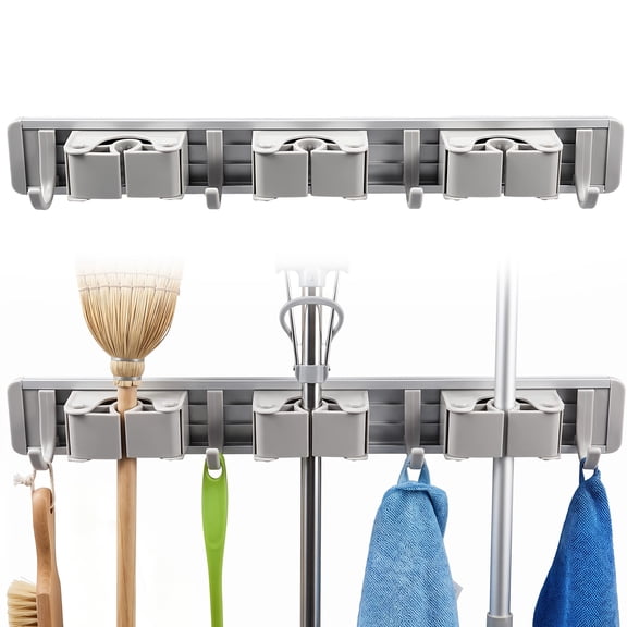 2Pcs 15.55" Mop and Broom Holder Wall Mount with 3 Clamp 4 Hook for Laundry Room