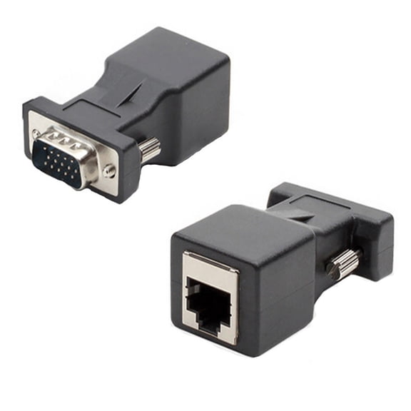 2Pcs 15 Pin VGA Male to RJ45 Female Ethernet Adapter Connector LAN Extender,1#