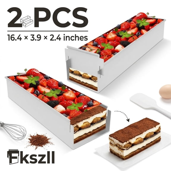 2Pcs 16.4x3.9x2.4 inch Rectangle Cake Mold - Non stick Aluminum Alloy Baking Tray for Desserts