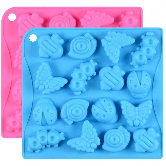 2Pcs 16 Cavity Insect Silicone Molds Butterfly Snail Ladybug Bee Bug Chocolate Candy Mold Insects Crayon Wax Melt Mini Soap Mould Ice Cube Tray (Random Colors)