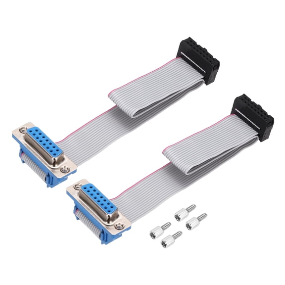 2Pcs 16Pin Flat Ribbon Cable Gray DB15 Female to FC-16P 2.54mm Pitch 20cm Length DB Serial Port Cable for Computer, LED Display, DVD with 4 Screws