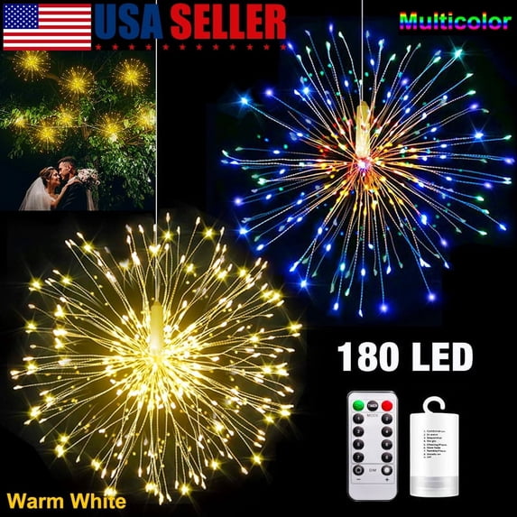 2Pcs 180 LED Copper Wire Waterproof Fireworks Lights with Remote, 8 Modes Decorative Light for Garden Party Decor, White