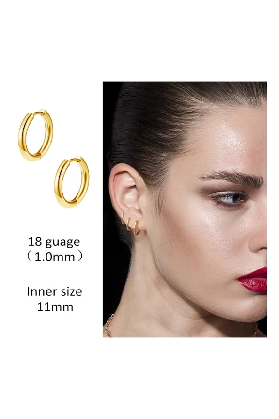 2Pcs 18G 11mm Cartilage Hoop Earring Stainless Steel Small Gold Huggie Hoop Earrings for Women Men Helix Tragus Rook Conch Ear Lobe Earrings Body Piercing Jewelry