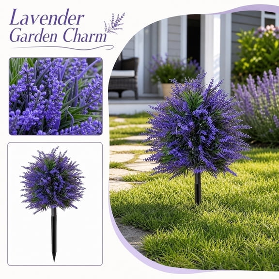 2Pcs 19.7-Inch Artificial Lavender Topiary Ball Trees with Ground Spike – Uv-Resistant Fake Evergreen Shrubs for Indoor/Outdoor Front Porch & Garden