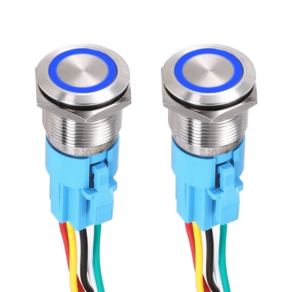 2Pcs 19mm Push Button Switch, IP65 1NO1NC 12-24V 5A Momentary Latching Push Button Starter Light on Off Switch Self-reset with Blue Light Round, Stainless Steel Flat Head Silver