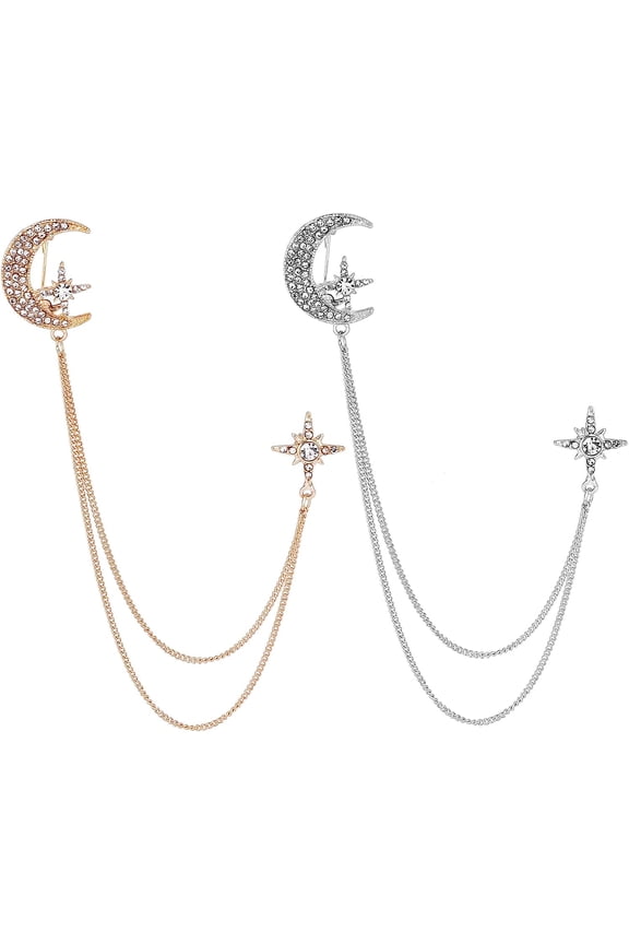 2Pcs 2 Colors 171mm Tone Star and Moon Brooch Pin with Chain Rhinestone Lapel Pin for Suit Corsage Pin Valentines Day Jewelry Gifts Clothing Accessories Platinum and Golden for DIY