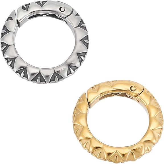 2Pcs 2 Colors 304 Stainless Steel Spring Gate Rings Textured O Rings Round Rings Golden Spring Snap Clip Hooks Antique Silver Split Rings Keyring Buckle for Jewelry Making
