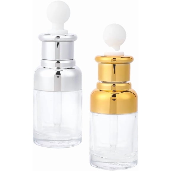 2Pcs 2 Colors 30ml(1.01oz) Empty Glass Dropper Bottles Refillable 11.4x3.8cm Science Dropping Containers Bottle for Essential Oils with Plastic Cover Golden Silver Colorful DIY