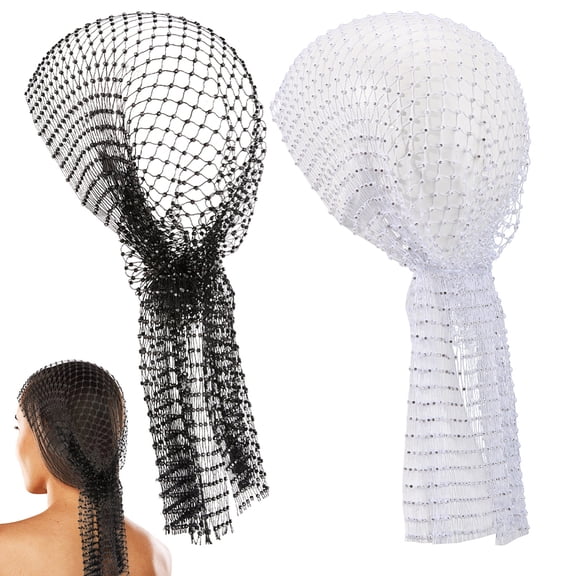 2Pcs 2 Colors Black White Rhinestone Diamond Mesh Head Scarf Sparkly Headpiece Headbands Glitter Bling Hollow Out Headwraps