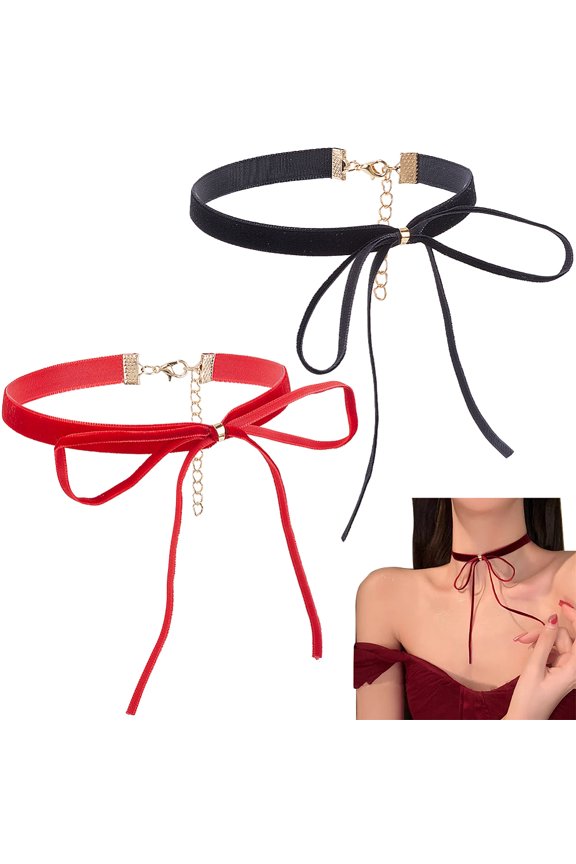 2Pcs 2 Colors Bowknot Velvet Choker Necklaces for Women with Alloy End Chains Golden Mixed Color 13.19 inch(33.5cm) 1pc/color