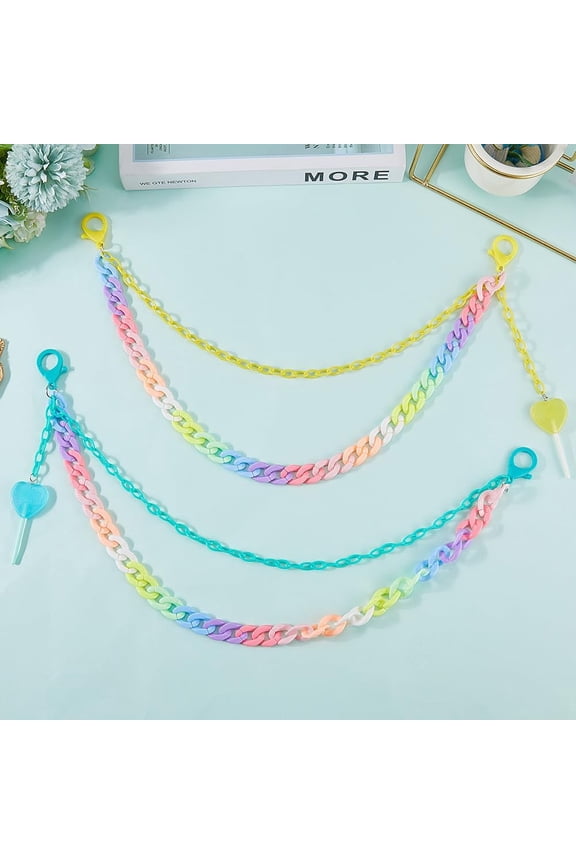 2Pcs 2 Colors Colorful Acrylic Jean Chain Double Layer Rainbow Pants Keychain with Lobster Clasps Heart Lollipop Pendant Yellow Light Blue Waist Trousers Pocket Chain Accessories Daily Wear