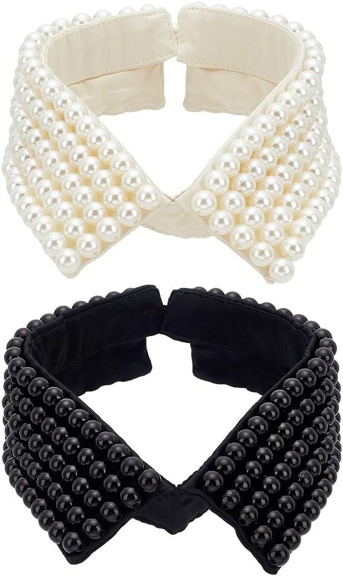2Pcs 2 Colors Detachable Cloth Lady's Collars Neckline Trim with Plastic Imitation Pearl Beads Mixed Color 422x75x11mm 1pc/color