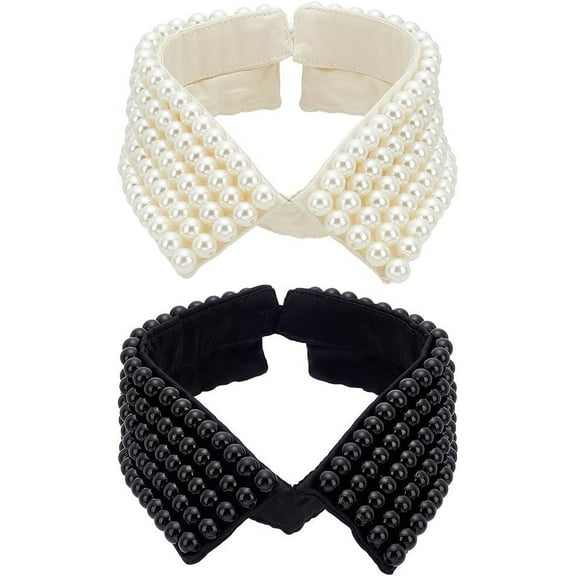 2Pcs 2 Colors Detachable Cloth Lady's Collars Neckline Trim with Plastic Imitation Pearl Beads Mixed Color 422x75x11mm 1pc/color