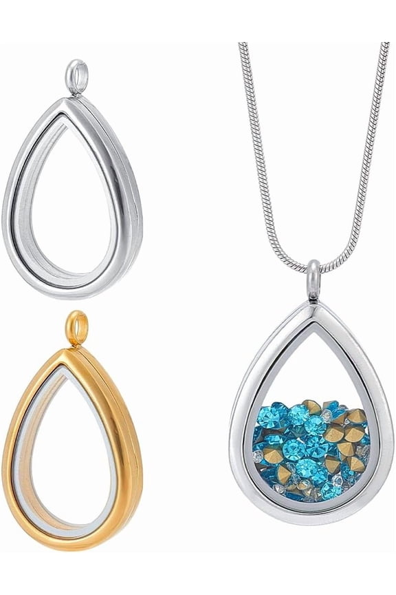 2Pcs 2 Colors Floating Charm Stainless Steel Locket Pendants Small Teardrop Living Memory Pendant Necklace Glass oto Frame Locket Charms for DIY Jewelry Necklace Making 45x28x7mm Mixed Color