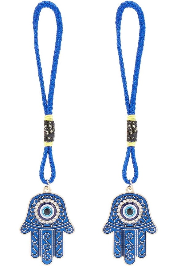 2Pcs 2 Colors Hamsa Hand Amulet Car Pendant Golden Blue Miriam Hanging Ornament with Rope Decor Protection Alloy Charm Enamel Accessories Gift for Men Women Rear View Mirror Balcony