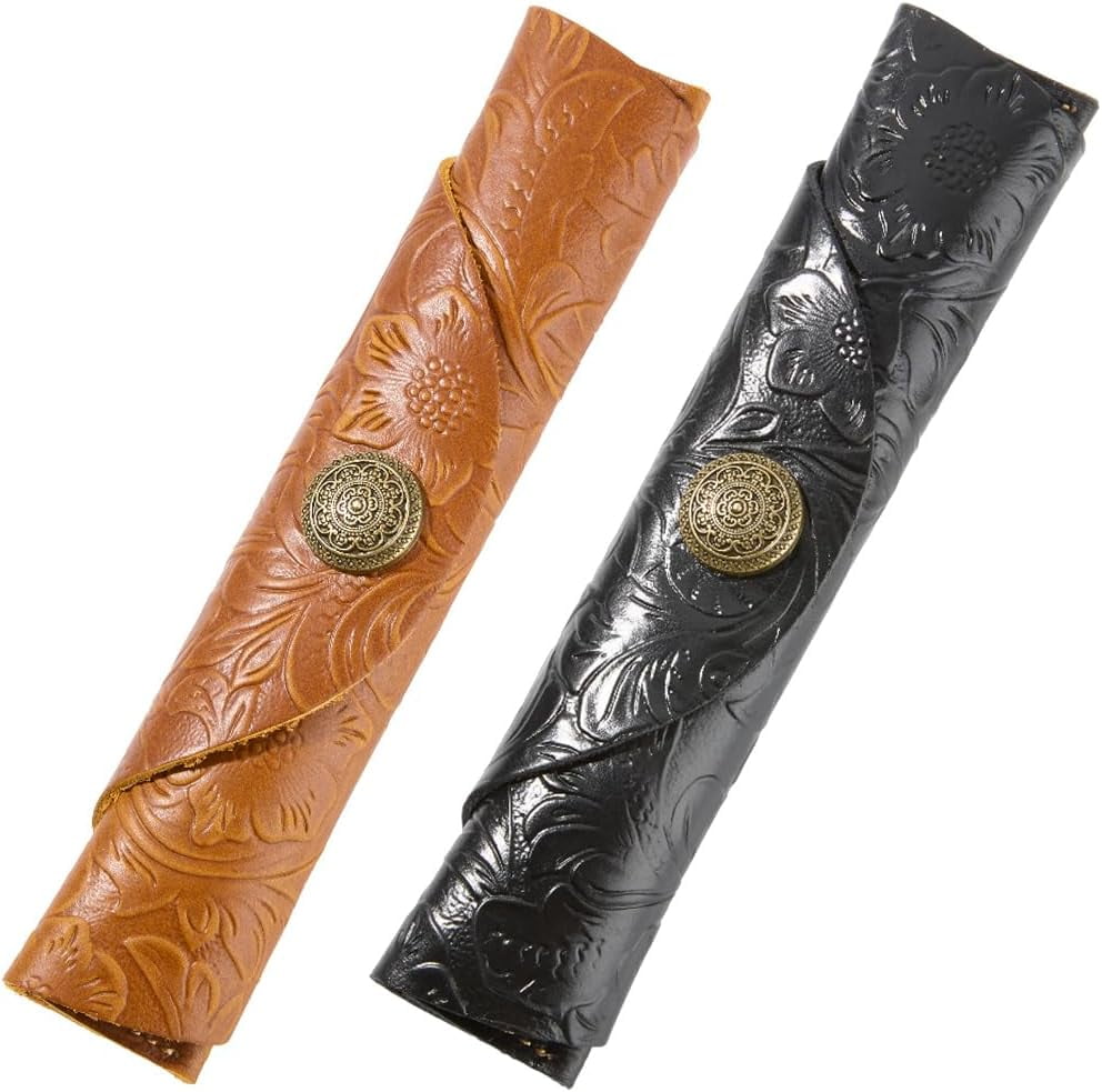 2Pcs 2 Colors PU Leather Pen Case Vintage Handmade Carved Pen Holder Roll Wrap Pencil Case Pouch Rollup Storage Stationery Gift