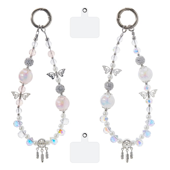 2Pcs 2 Colors Pearl Phone Wrist Strap Alloy Butterfly Phone Charm Beaded Cellphone Lanyard with Tether Tab Backpack Key Pendant Accessories for Women