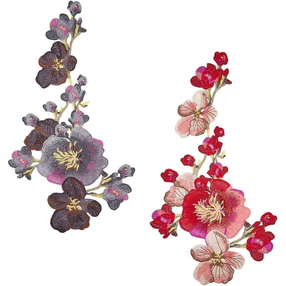 2Pcs 2 Colors Peony Flower Embroideried Fabric Patche Dark Series Floral Patchwork Designs Peony Blossom Appliques Floral Patchwork Designs for DIY DIY Clothings Jeans White