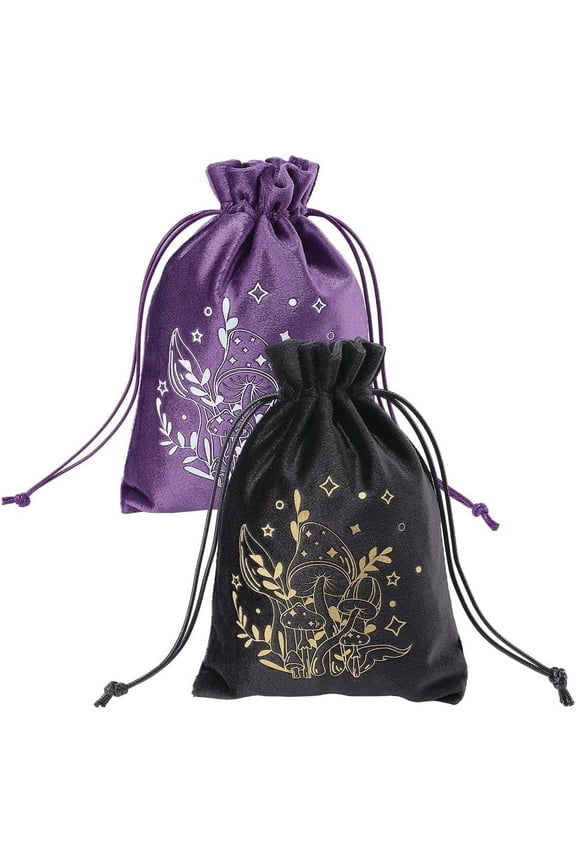 2Pcs 2 Colors Printed Velvet Drawstring Storage Bags Rectangle Mushroom 18x13.5x0.35cm 1pc/color