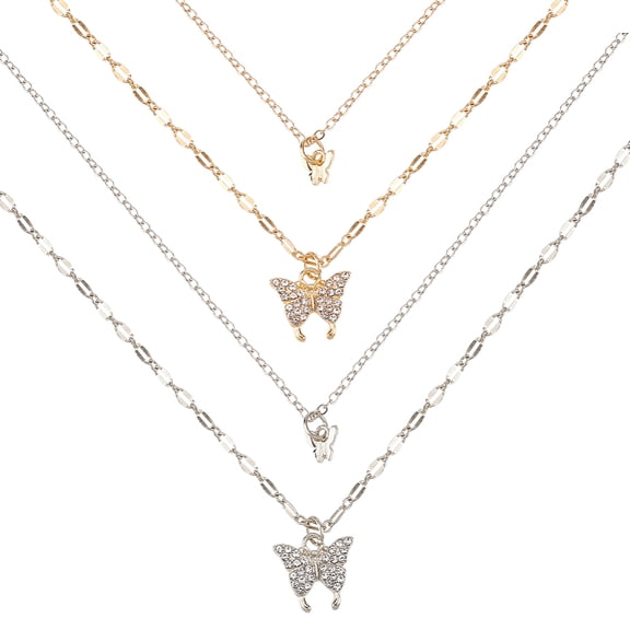 2Pcs 2 Colors Rhinestone Butterfly Pendant Double Layer Necklaces Set Zinc Alloy Jewelry for Women Platinum Golden 15.75 inch(40cm) 1Pc/color