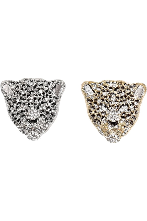 2Pcs 2 Colors Rhinestone Leopard Brooch Pin Alloy Animal Badge for Backpack Clothes Platinum & Light Gold 37x38x5mm 1Pc/color