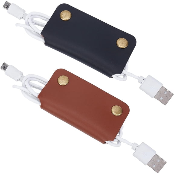 2Pcs 2 Colors Wide Imitation Leather Cable Keepers with Alloy Snap Buttons Cord Organizer Strap for Wire Management 90x74x5.5mm 1pc/color
