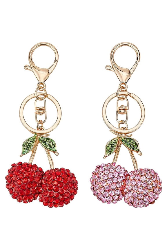2Pcs 2 Colors Zinc Alloy Rhinestone Keychain with Iron Key Rings Cherry 11.9cm 1pc/color