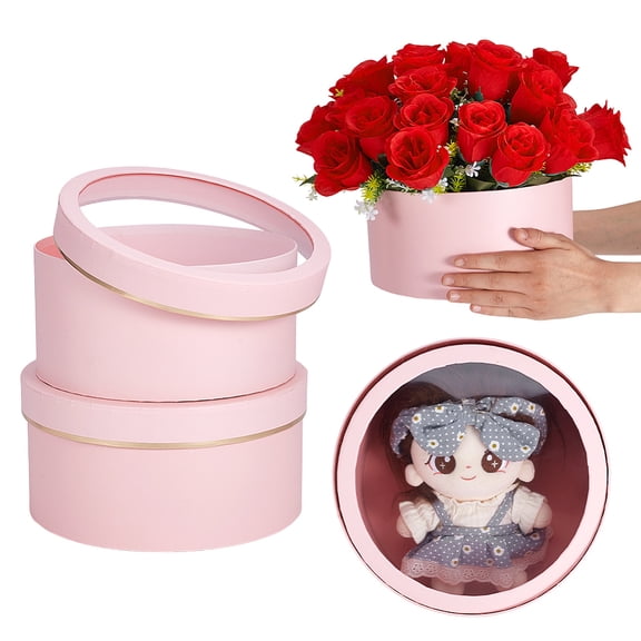 2Pcs 2 Sizes Flat Round Cardboard Paper Flower Organizer Package Boxes with Plastic Windows Pearl Pink 22.5 -24.2x11 -12cm 1pc/size