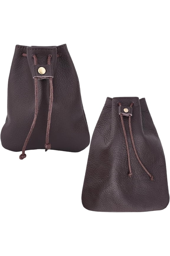 2Pcs 2 Sizes Leather Drawstring Pouches Coffee 18x14/12x10cm Cowhide Coin Pouches Money Bag Small Waterproof Vintage Coin Dust