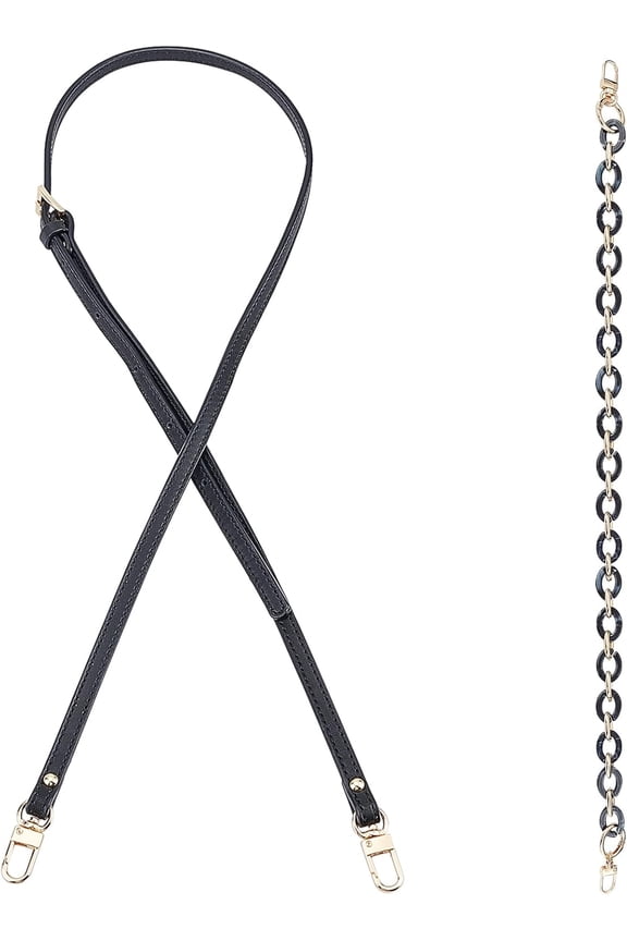 2Pcs 2 Style Adjustable Leather & Acrylic Cable Chain Bag Handles with Alloy Swivel Clasps and Key Rings for Bag Replacement Accessories Black 61.5~100cm 1pc/style
