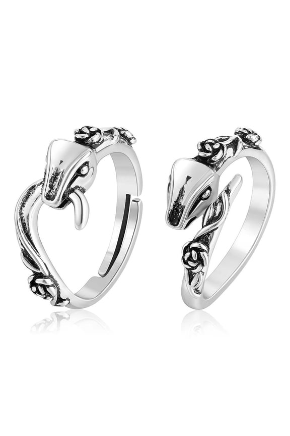 2Pcs 2 Style Alloy Snake with Rose Open Cuff Rings Set Adjustable Rings for Women Silver Size 6(16.5mm) 1Pc/style DIY