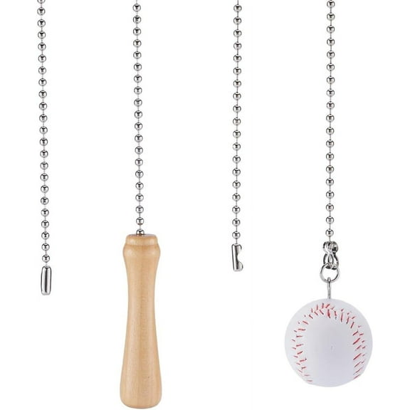 2Pcs 2 Style Baseball Theme PU Leather & Wood Ceiling Fan Pull Chain Extenders Pendant Decorations with Iron Ball Chains Platinum 340~350x3mm 1pc/style