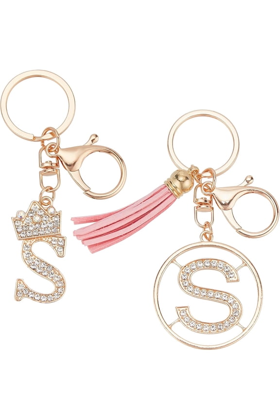 2Pcs 2 Style Flash Rhinestone Letter.S Pendant Keychain Imitation Leather Tassel Keychains Light Gold 103.5~126mm 1pc/style Craft