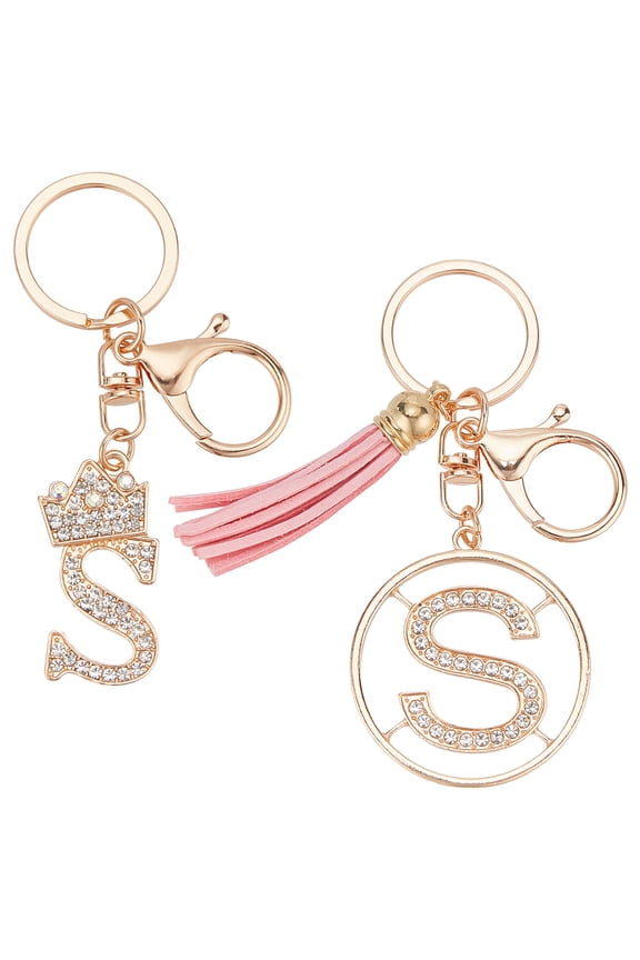 2Pcs 2 Style Flash Rhinestone Letter.S Pendant Keychain Imitation Leather Tassel Keychains Light Gold 103.5-126mm 1pc/style