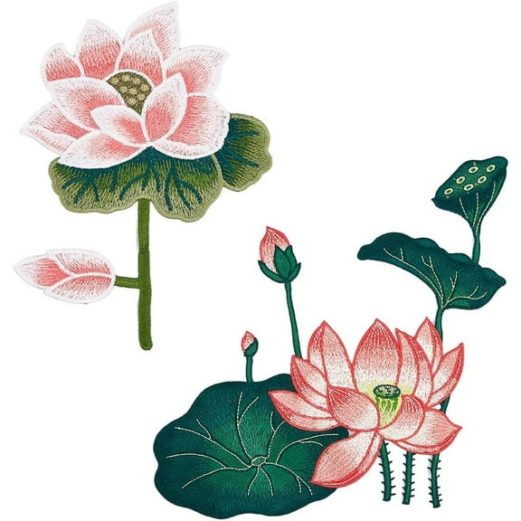 2Pcs 2 Style Lotus & Lotus Pod Pattern Polyester Fabrics Computerized Embroidery Cloth Sew on Appliques Costume Cheongsam Accessories Pink 190~240x140~240x1mm 1pc/style